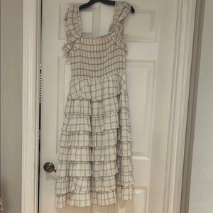 Storia White and Purple Ruched Tiered Maxi Sundress